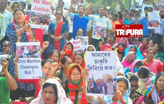 'No Job, No Rest' Slogan Raised by 10323 Teachers : Massive Protest Staged in front of Rabindra Bhawan, condemning Biplab Deb Govt's Inhuman Police Brutality on Peaceful Agitators on Jan 27 'No Job, No Rest' Slogan Raised by 10323 Teachers : Massive Protest Staged in front of Rabindra Bhawan, condemning Biplab Deb Govt's Inhuman Police Brutality on Peaceful Agitators on Jan 27